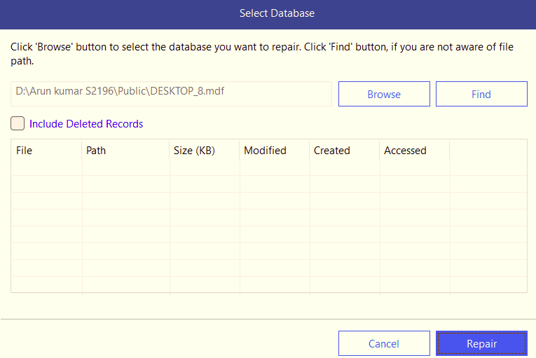 click on browse to select the database to repair